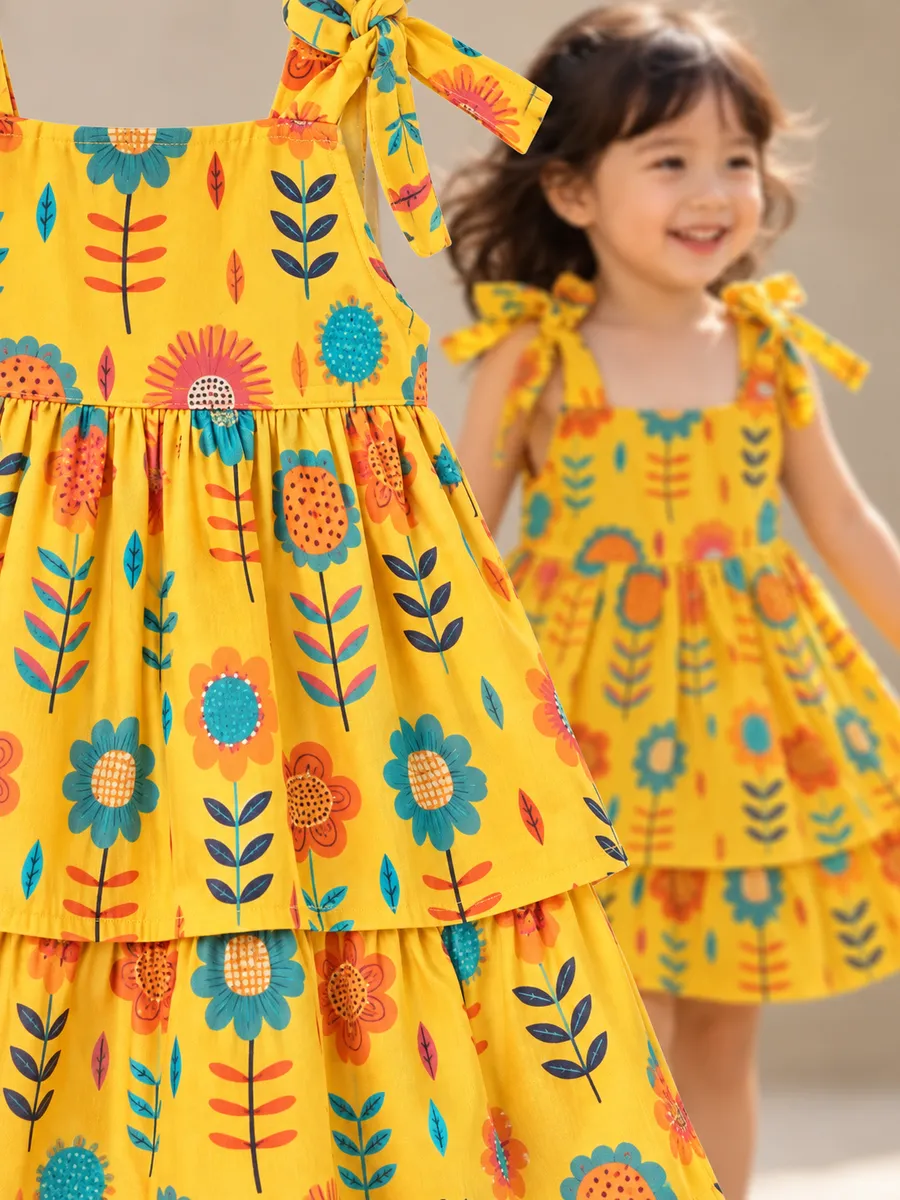Vestido Flores do Sol, modelo alça, detalhe do tecido