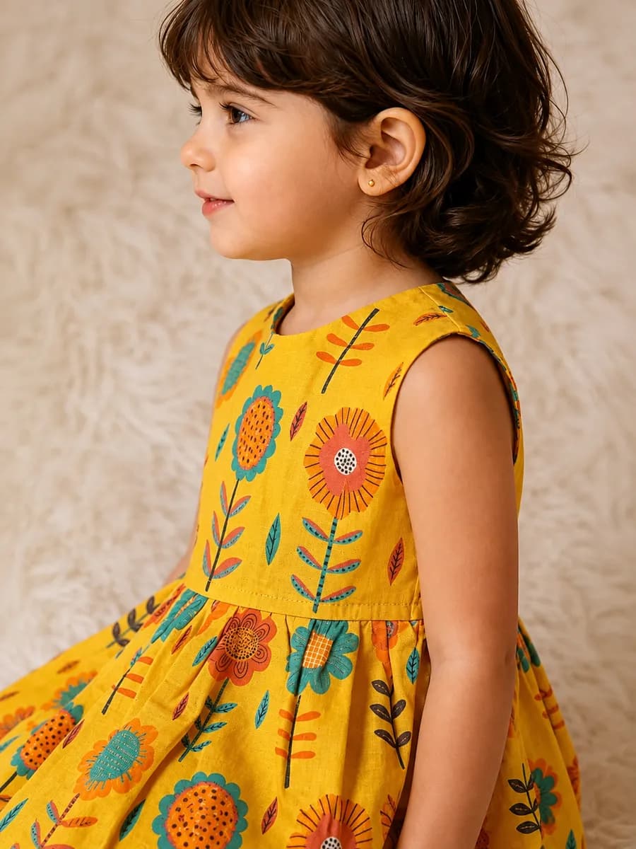 Vestido Flores do Sol, modelo regata, detalhe do tecido
