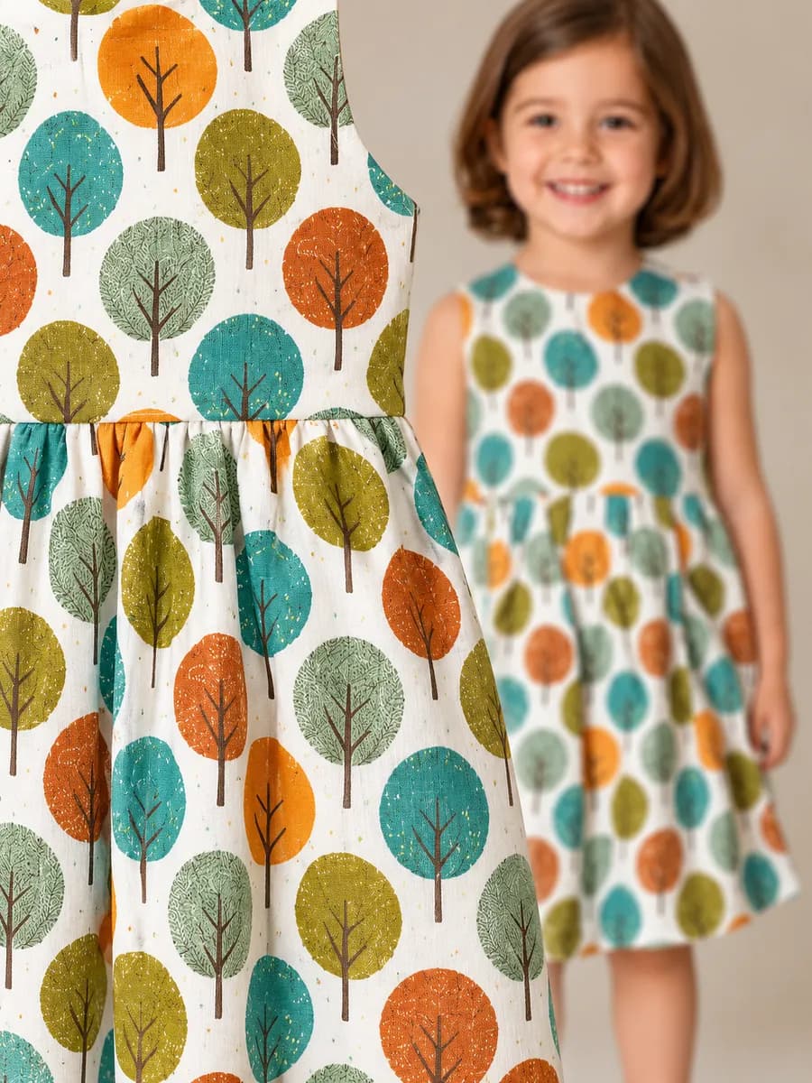 Vestido Infantil Bosque Encantado, modelo regata, detalhe do tecido