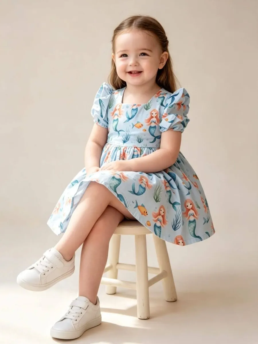 Vestido Infantil Encanto da Sereia, modelo manga franzida, foto