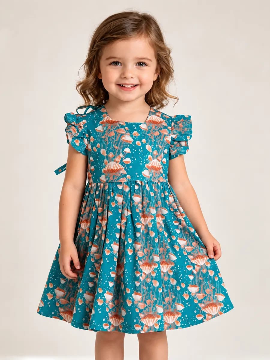 Vestido Infantil Encanto do Mar, modelo manga franzida, foto