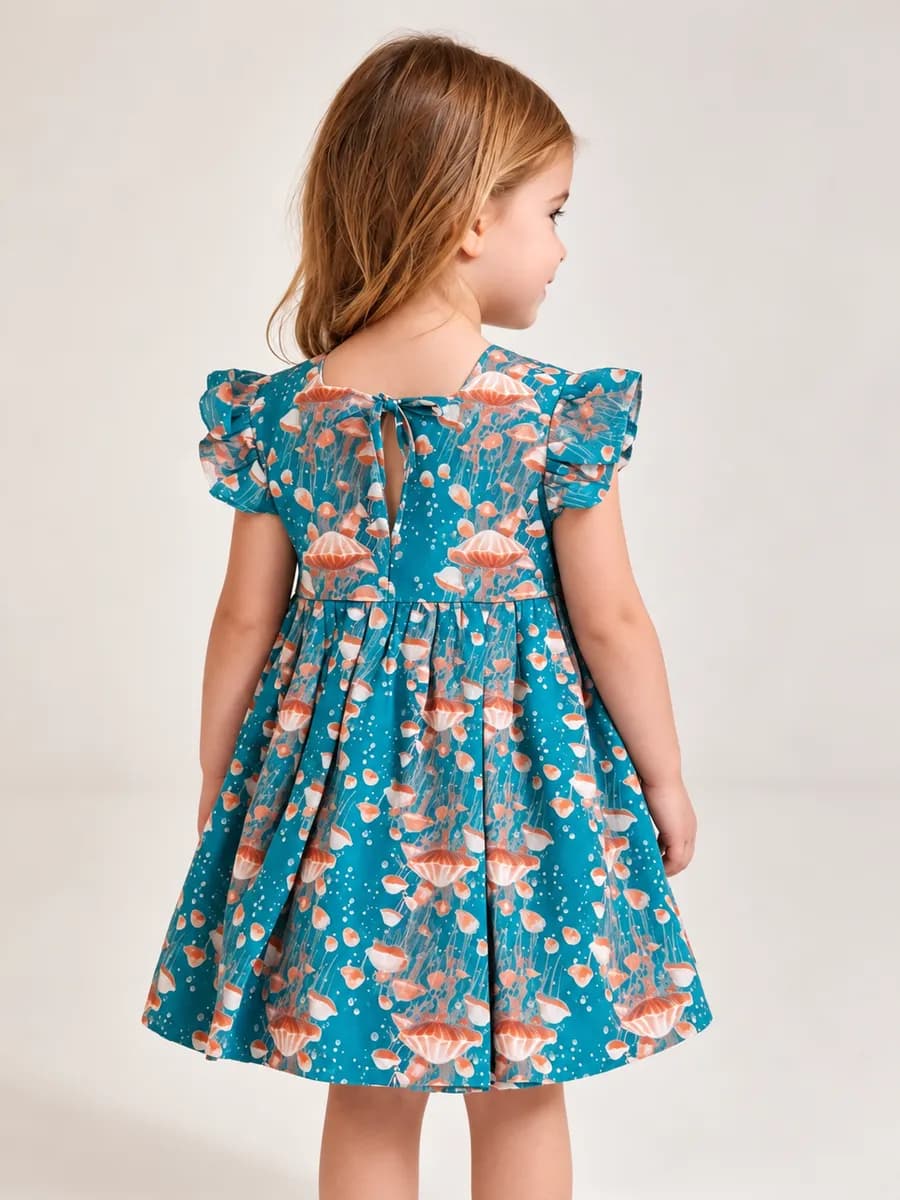 Vestido Infantil Encanto do Mar, modelo manga franzida, vista de costas