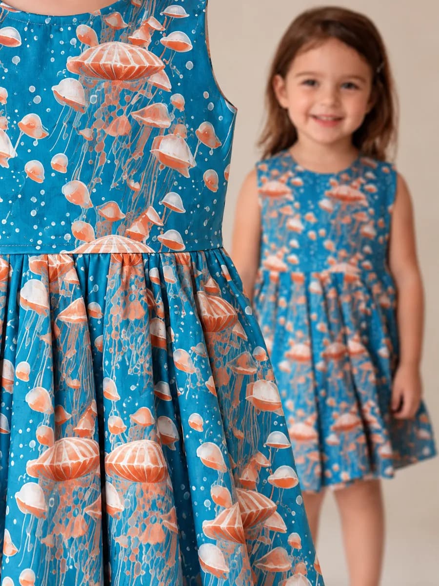 Vestido Infantil Encanto do Mar, modelo regata, detalhe do tecido