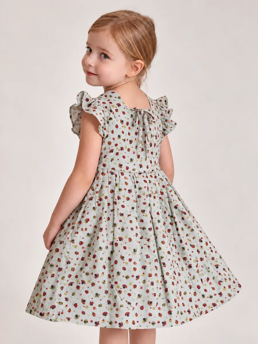 Vestido Infantil Jardim de Joaninhas, modelo manga franzida, vista de costas